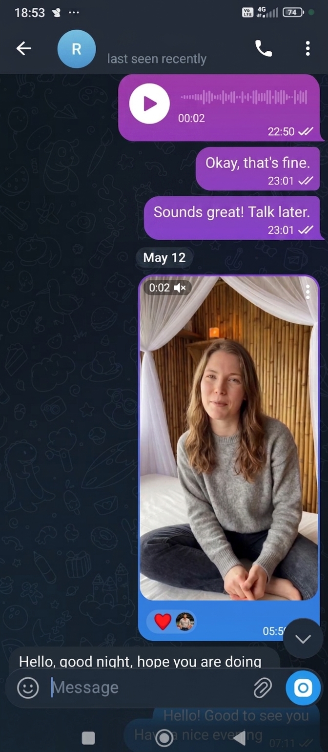 A real conversation with Rachel on Telegram, showing voice messages, a video, and ongoing chat